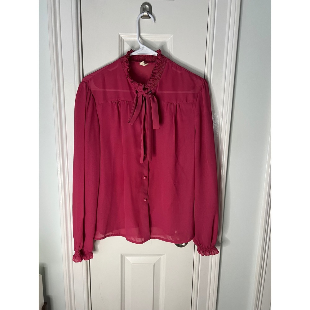 Vintage 70s Magenta Pink Tie Neck Secretary Blouse Ruffle Smocked Chiffon Top 36